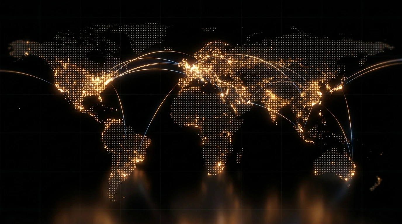Map of BuyBTCVPS global datacenter locations linked by network arcs