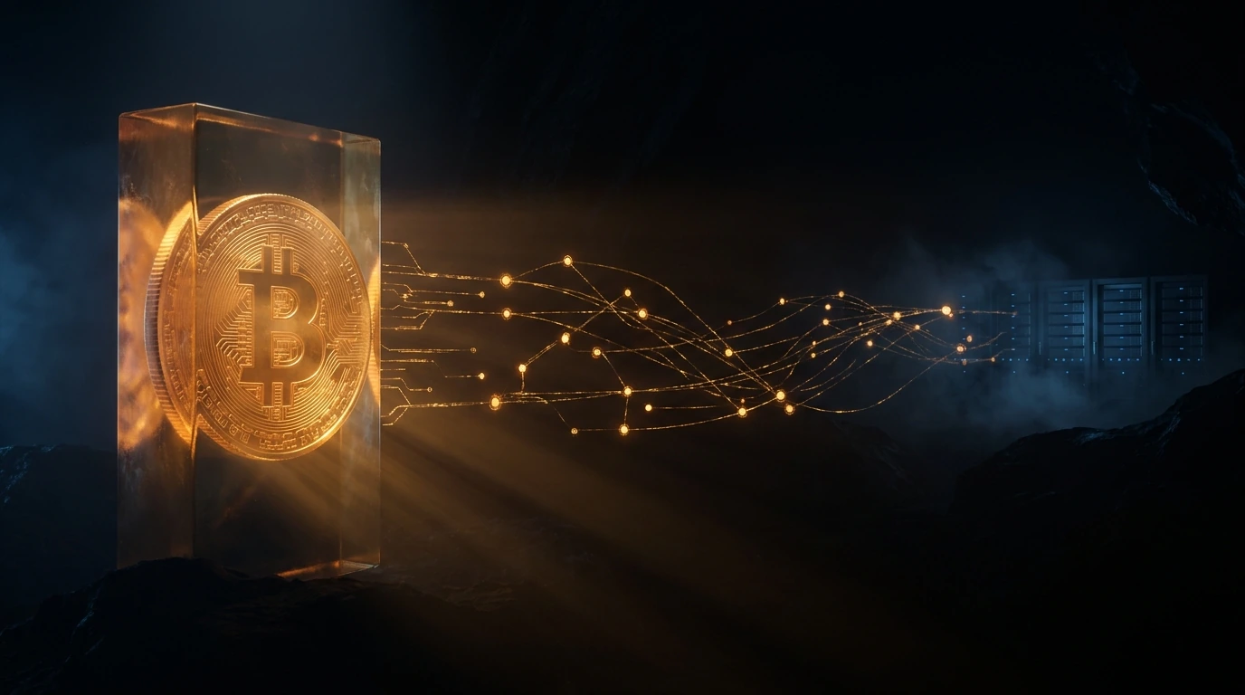 Bitcoin coin channelling data into a server rack